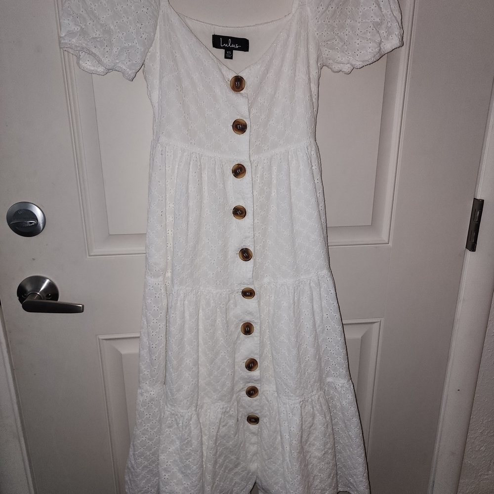 Lulus White Eyelet Midi Dress Puff Sleeve Cottagecore XS